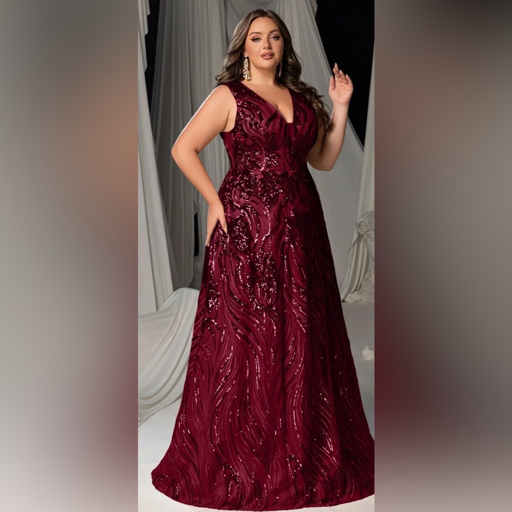 Ruby Floral Sequin V Neck Sleeveless A-Line Formal Dress